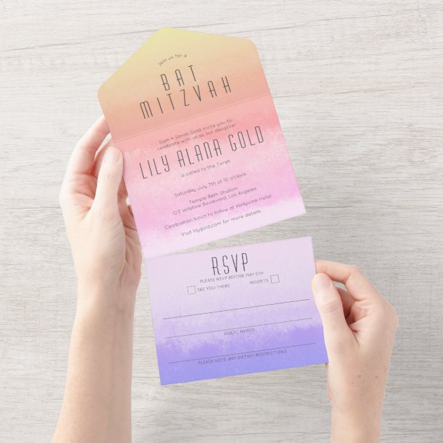 Invitación Todo En Uno Ombre Sunset Rainbow Elegant PERSONALIZADO BAT MIT (desgarro)