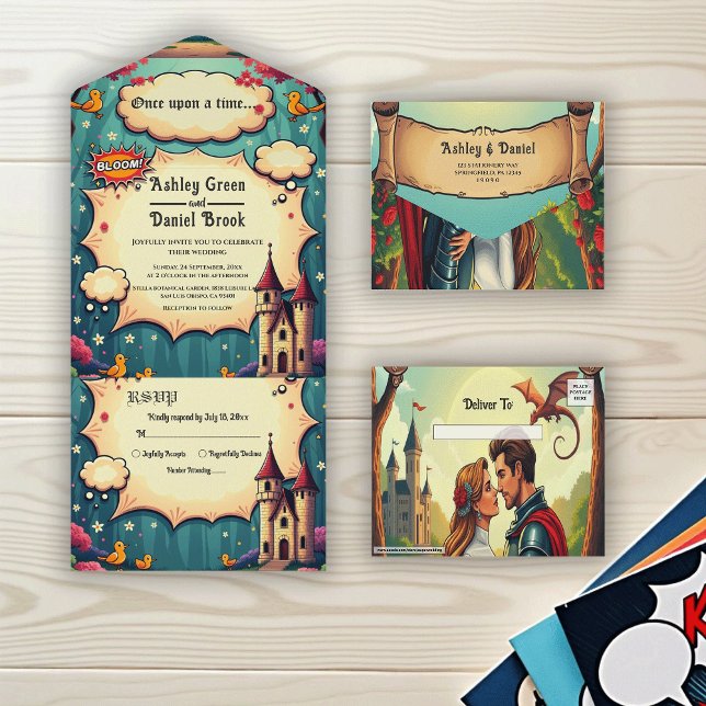 Invitación Todo En Uno Once Upon A Time Woodland Castle Fairytale Wedding (Subido por el creador)