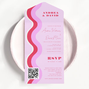 Invitación Todo En Uno Ondas retro negrita Código QR rosa y rojo Boda RSV