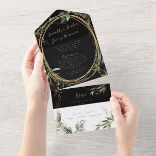 Invitación Todo En Uno Onyx negro premium   La vegetación del Boho   Euca