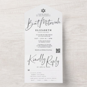 Invitación Todo En Uno Opción de comida QR para Bat Mitzvah de la elegant