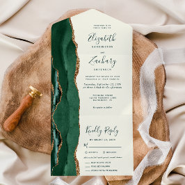 Invitación Todo En Uno Opciones de Menú de Boda con Verde Esmeralda, Oro