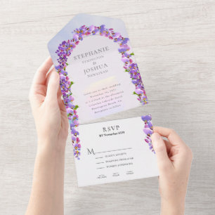 Invitación Todo En Uno Opciones del menú Wisteria Purple Arch Wedch RSVP