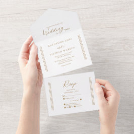 Invitación Todo En Uno Oro antiguo moderno | Boda Minimalista blanco