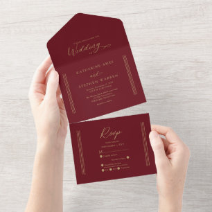 Invitación Todo En Uno Oro antiguo moderno   Boda Minimalista rojo oscuro