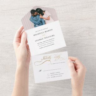 Invitación Todo En Uno oro elegante de caligrafía (no se necesita ENV)