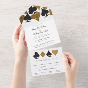 Invitación Todo En Uno Oro en Purpurina blanco Faux Las Vegas Boda