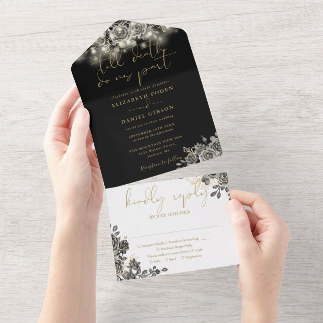 Invitación Todo En Uno Oro Gótico Y Black Floral String Lights Boda (desgarro)