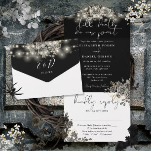 Invitación Todo En Uno Oro Gótico Y Leyenda Floral Blanca Boda