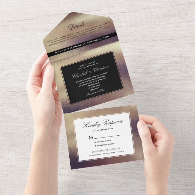 Invitación Todo En Uno Oro mínimo moderno y Boda negro (desgarro)