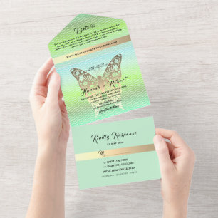 Invitación Todo En Uno Oro moderno y Boda verde