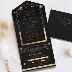 Invitación Todo En Uno Oro Negro Sol Luna Estrellas Celestiales
