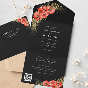Invitación Todo En Uno Oro Red Poppy Floral Caída QR Código Negro Boda