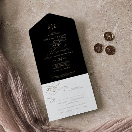 Invitación Todo En Uno Oro Romántico Caligrafía | Boda Monograma Negro