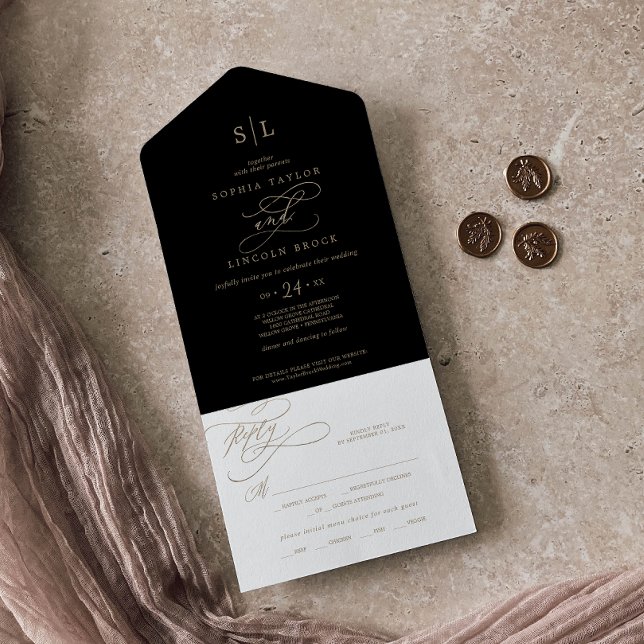 Invitación Todo En Uno Oro Romántico Caligrafía | Boda Monograma Negro (Subido por el creador)