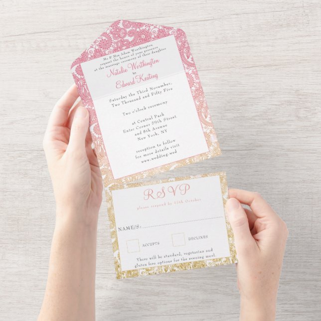 Invitación Todo En Uno Oro rosa Ombre Paisley Henna Wedding RSVP (desgarro)