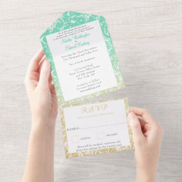 Invitación Todo En Uno Oro verde azulado Ombre Paisley Henna Wedding RSVP