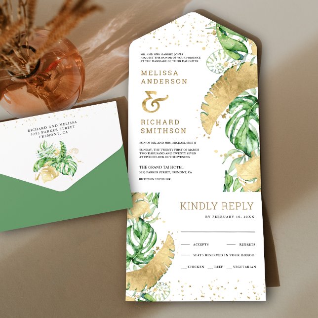Invitación Todo En Uno Oro verde tropical Monstera Palm Leyes Boda (Subido por el creador)