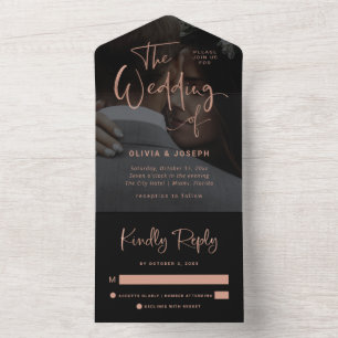 Invitación Todo En Uno Oro y superposición negro Rosa modernos   Boda fot