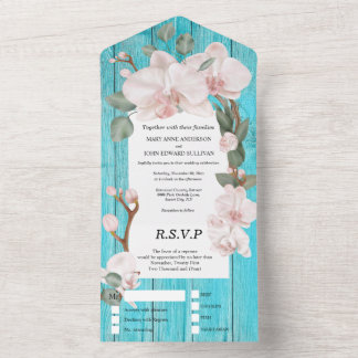 Invitación Todo En Uno Orquídea tropical rosa elegante madera de playa