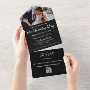 Invitación Todo En Uno Orquídeas blancas bodas en código Black-Photo-QR-