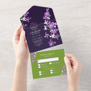 Invitación Todo En Uno Orquídeas Púrpura, Boda Elegante Moderna Todo En U