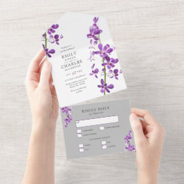 Invitación Todo En Uno Orquídeas Púrpura, Boda Elegante Moderna Todo En U