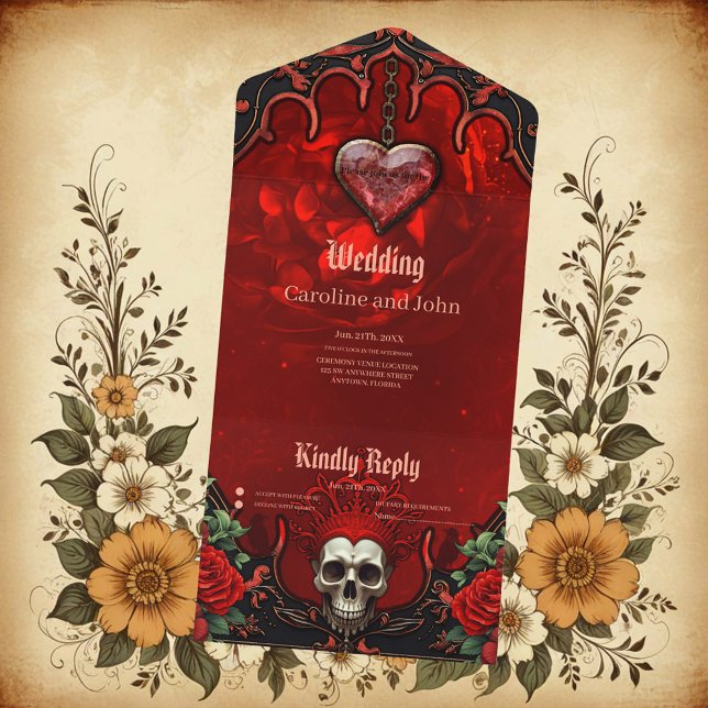 Invitación Todo En Uno Oscuridad real, corazón gótico y cráneo. (Subido por el creador)