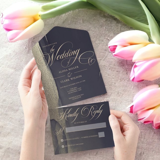 Invitación Todo En Uno Oscuro Midnight Blue & Gold Modern Painterly Boda (Subido por el creador)