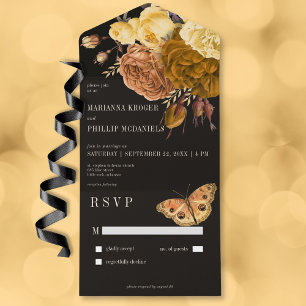 Invitación Todo En Uno Oscuro Moody Black Autumn Floral No Dinner