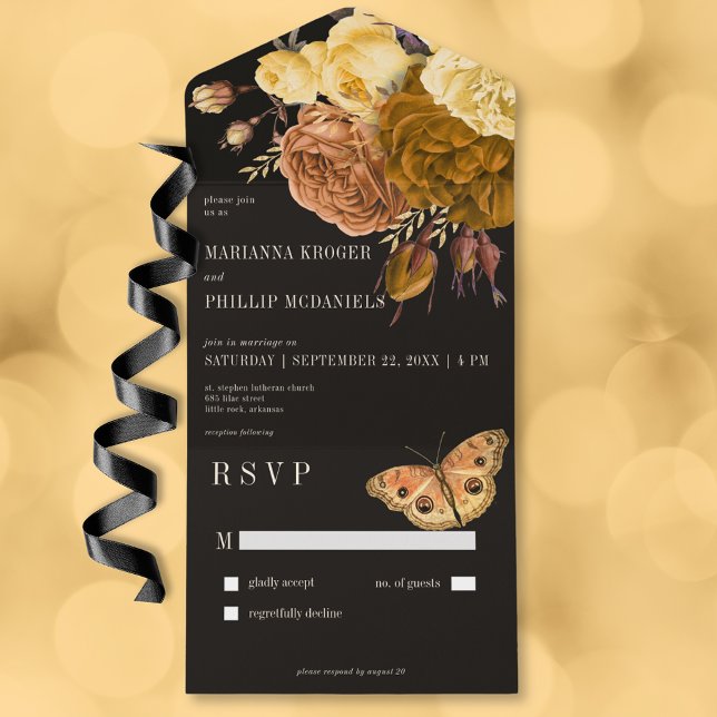 Invitación Todo En Uno Oscuro Moody Black Autumn Floral No Dinner (Dark Moody Black Autumn Floral No Dinner All In One Invitation)