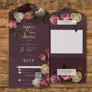 Invitación Todo En Uno Oscuro Moody Borgoña rosa y Peonies de Crema Códig