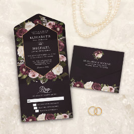 Invitación Todo En Uno Oscuro Moody Burgundy Floral Elegante Boda