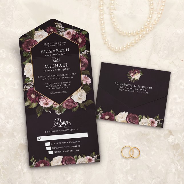 Invitación Todo En Uno Oscuro Moody Burgundy Floral Elegante Boda (Subido por el creador)