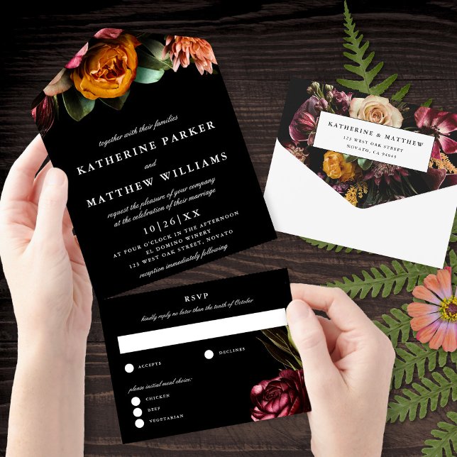 Invitación Todo En Uno Oscuro + Moody Elegante Boda Floral Negro (Subido por el creador)