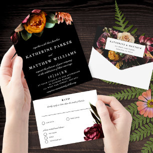 Invitación Todo En Uno Oscuro + Moody Elegante Boda Floral Negro