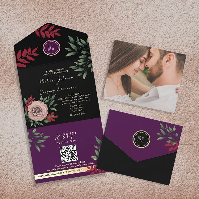 Invitación Todo En Uno Oscuro Moody Floral Elegante Boda negro (Subido por el creador)