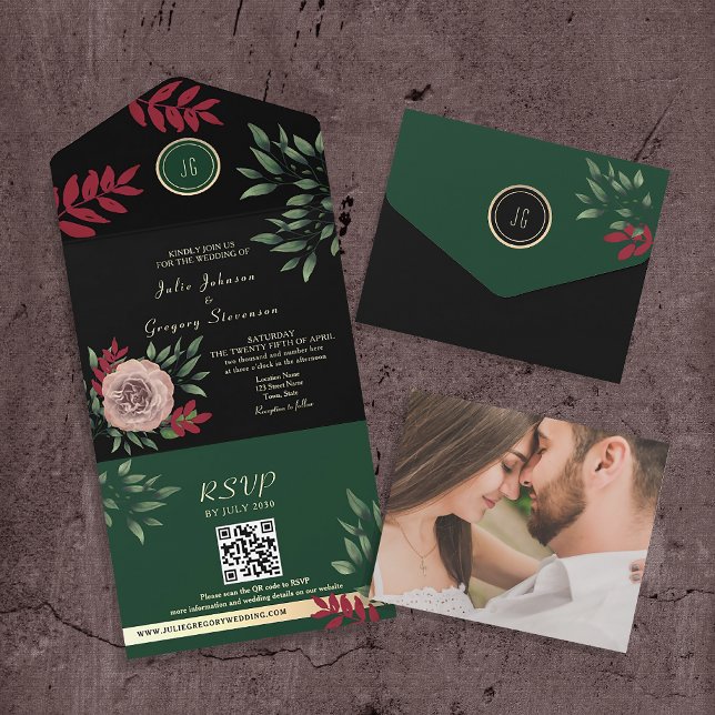 Invitación Todo En Uno Oscuro Moody Floral Elegante Boda negro (Subido por el creador)