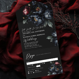 Invitación Todo En Uno Oscuro Moody Romántico Boda gótico Peony