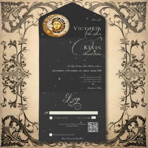Invitación Todo En Uno Oscuro Moody Victoria Moon Sun Stars QR Code