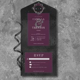 Invitación Todo En Uno Oscuro satén floral de vino negro gótico sin cena
