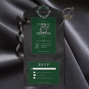 Invitación Todo En Uno Oscuro satén floral gótico negro y esmeralda sin c
