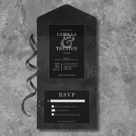 Invitación Todo En Uno Oscuro satén floral gótico negro y negro sin cena