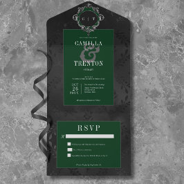 Invitación Todo En Uno Oscuro satén floral gótico negro y verde sin cena