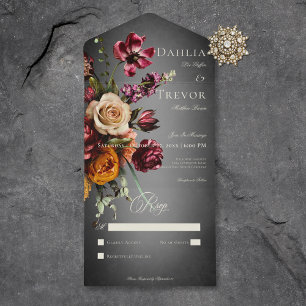 Invitación Todo En Uno Oscuro y elegante Boda floral de otoño sin cena