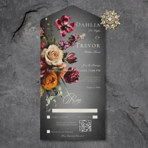 Invitación Todo En Uno Oscuro y elegante Boda floral otoño código QR