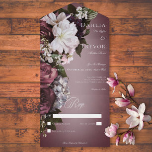 Invitación Todo En Uno Oscuro y elegante Crema Borgoña Flor sin cena