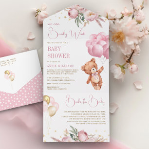 Invitación Todo En Uno Osito Boho Globos Rosados Shower de Floral para el