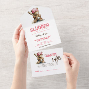 Invitación Todo En Uno Osito de peluche de béisbol QR RSVP Rifa de pañale