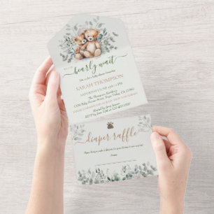 Invitación Todo En Uno Ositos Gemelos Unisex de Peluche para Baby Shower